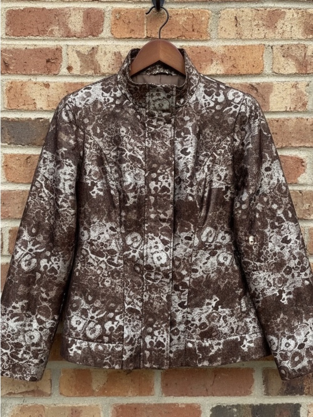 Tribal Brown Gray Mottled Print Unlined High Neck Jacket Size 10